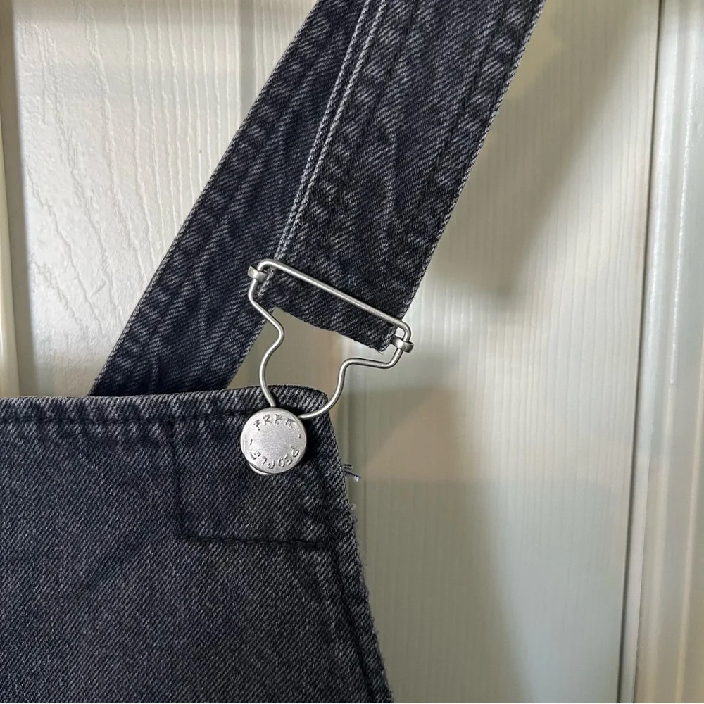 Free People Black Denim Distressed Hem Overall Mini Dress | Size 12 - Picture 4 of 10